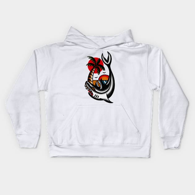 Traditional Shark and Beach Tattoo Piece Kids Hoodie by radquoteshirts